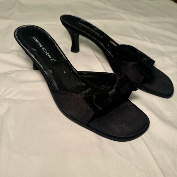 Sleek black satin kitten heels by Adrienne Vittadini, made in Italy. Features a - Picture 1 of 6